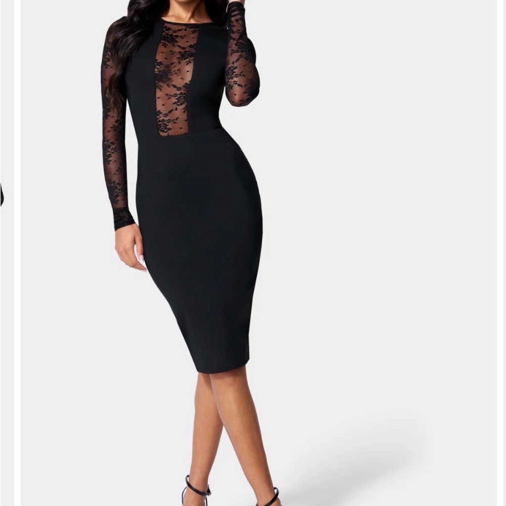 Bebe Lace Inset Midi Dress, Black Lace-Panel Bodycon Dress